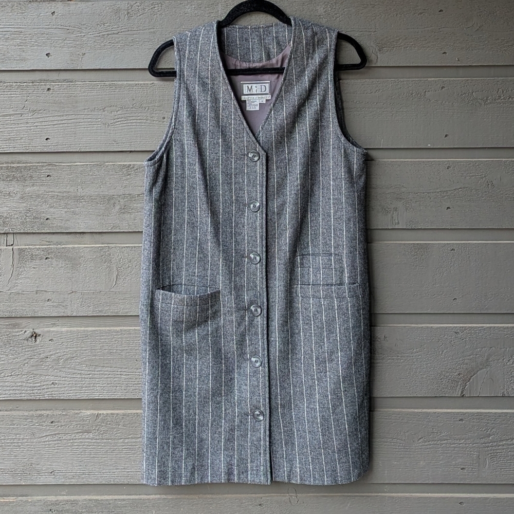 VTG 80s Matter of Degrees Gray Wool Pinstripe Vest Dress Size 8
